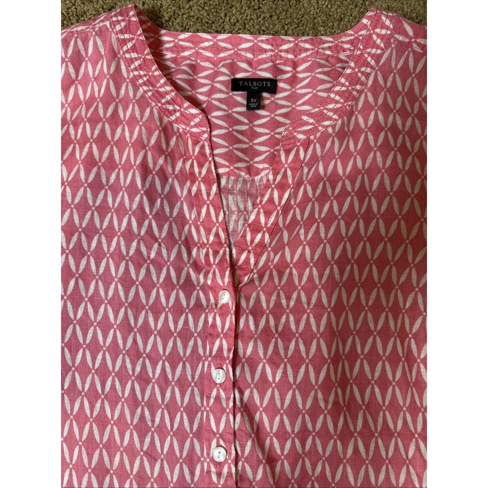 Talbots 3X Linen Pink Peach Natural Beach Tunic Blouse V Neckline Rolled Sleeves - Picture 6 of 9